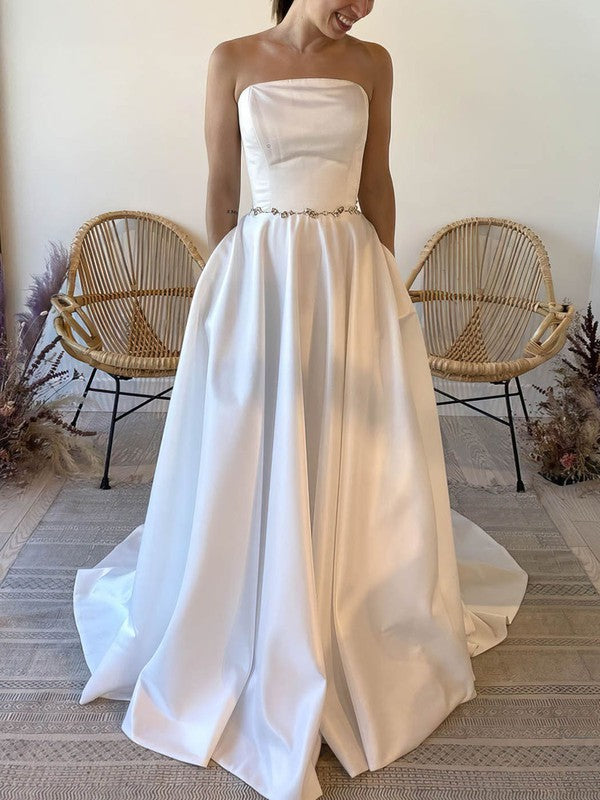 Charming Strapless Satin Sweep Train A-Line Wedding Dresses with Pocke Suzhoudress Charming Strapless Satin Sweep Train A-Line Wedding Dresses with Pocke Suzhoudress
