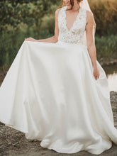 A-line V-neck Satin Sweep Train Wedding Dress With Appliques Lace