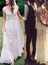 A-line V-neck Chiffon Floor-length Wedding Dress with Appliques Lace