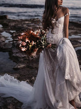 A-line Off-the-shoulder Tulle Lace Wedding Dress With Appliques Lace and Sweep Train