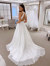 A-line V-neck Chiffon Sweep Train Wedding Dress With Appliques Lace