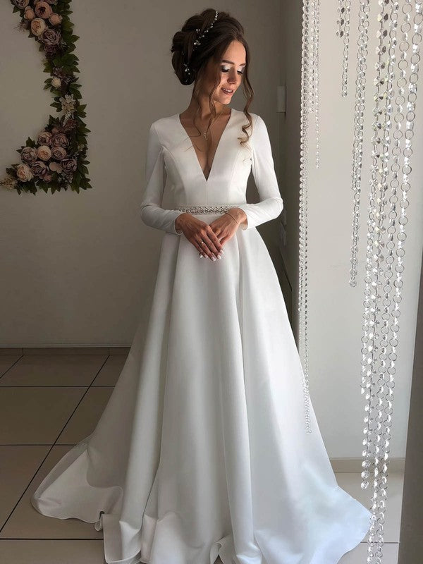 Elegant A-Line V-Neck Long Sleeves Satin Court Train Wedding Dresses w Suzhoudress Elegant A-Line V-Neck Long Sleeves Satin Court Train Wedding Dresses w Suzhoudress