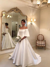 Off-the-shoulder Satin Ball Gown Wedding Dress with Sweep Train