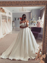 Off-the-shoulder Satin Ball Gown Wedding Dress with Sweep Train