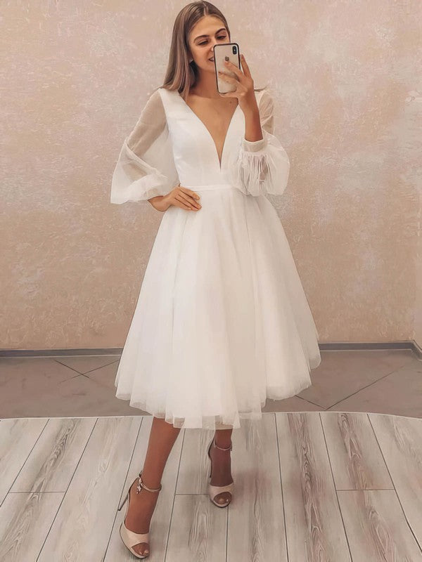 Glamorous deep V-Neck Long Sleeves Tulle Tea-Length A-Line Wedding Dre Suzhoudress Glamorous deep V-Neck Long Sleeves Tulle Tea-Length A-Line Wedding Dre Suzhoudress
