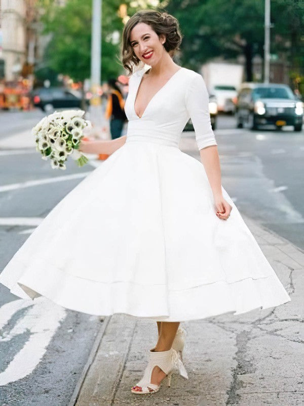 Charming Half Sleeves V-Neck Satin Tea-Length Wedding Dresses Suzhoudress Charming Half Sleeves V-Neck Satin Tea-Length Wedding Dresses Suzhoudress