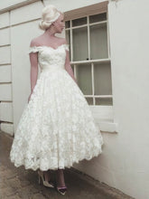 Lace Tea-Length Wedding Dress With Off-the-Shoulder Sashes / Ribbons