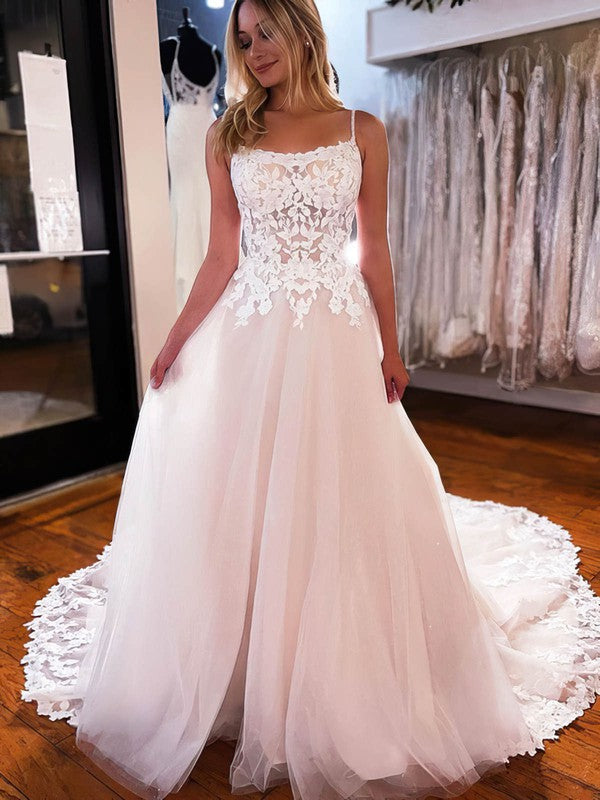 Elegant Square Neck Sleeveless Tulle Lace A-Line Wedding Dresses Suzhoudress Elegant Square Neck Sleeveless Tulle Lace A-Line Wedding Dresses Suzhoudress