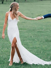 V-Neck Lace Sweep Train Wedding Dress With Split Front Sheath/Column