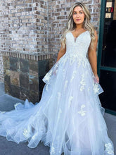 V-neck Tulle Court Train Wedding Dress with Cascading Ruffles
