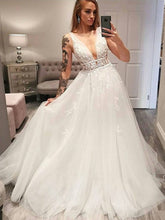 Elegant V-neck Tulle Wedding Dress with Appliques Lace and Sweep Train