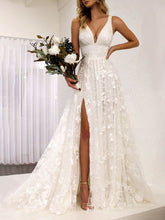 A-Line V-Neck Lace Wedding Dress with Split Front and Sweep Train