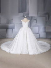 Luxurious Ball Gown Wedding Dress with Illusion Tulle Watteau Train and Appliques Lace