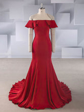 Stunning Trumpet/Mermaid Off-the-shoulder Wedding Dress with Stretch Crepe, Cascading Ruffles and Sweep Train
