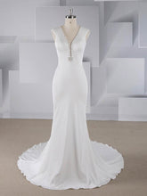 Beautiful Trumpet/Mermaid V-neck Stretch Crepe Wedding Dresses with Beading and Sweep Train