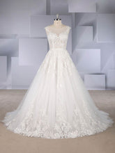 Illusion Tulle Ball Gown Wedding Dress with Appliques and Lace Sweep Train