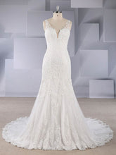 Trumpet/Mermaid V-neck Tulle Sweep Train Wedding Dress with Appliques Lace