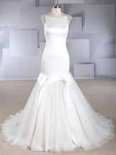 Beaded Trumpet/Mermaid Scoop Neck Satin Tulle Sweep Train Wedding Dress
