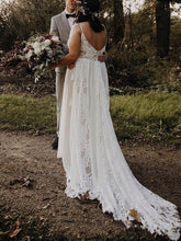 A-line V-neck Lace Chiffon Sweep Train Wedding Dresses