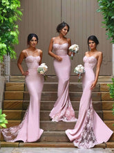 Silk-like Satin Sweetheart Trumpet/Mermaid Bridesmaid Dresses with Appliques Lace and Sweep Train