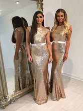 Sparkly Trumpet/Mermaid Scoop Neck Sequined Bridesmaid Dresses with Sashes/Ribbons