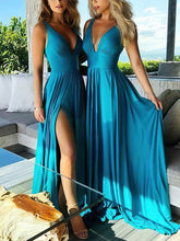 Silk-like Satin V-neck A-line Bridesmaid Dresses with Sweep Train and Split Front
