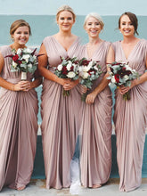 Ruffled V-neck Jersey Sheath Bridesmaid Dresses for Floor-length Look