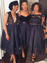 Tulle V-neck A-line Tea-length Bridesmaid Dresses