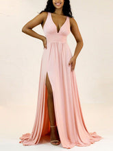 A-Line V-Neck Jersey Split Front Bridesmaid Dresses with Sweep Train