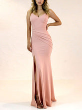 Sheath/Column V-neck Bridesmaid Dresses with Split Front and Stretch Crepe Sweep Train