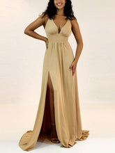 Stunning A-line V-neck Bridesmaid Dresses with Split Front and Jersey Sweep Train