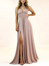Elegant A-Line V-Neck Bridesmaid Dresses with Jersey Sweep Train and Split Front