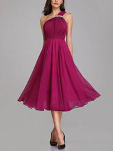 A-line One Shoulder Chiffon Tea-length Bridesmaid Dresses with Sashes / Ribbons