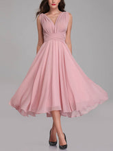 A-line V-neck Chiffon Tea-length Bridesmaid Dresses With Sashes and Ribbons