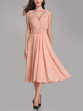 A-line V-neck Chiffon Tea-length Bridesmaid Dresses With Sashes and Ribbons