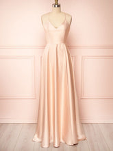 A-line V-neck Satin Floor-length Split Front Bridesmaid Dresses