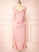 Split Front Tea-length Bridesmaid Dresses in Silk-like Satin Sheath/Column Cowl Neck