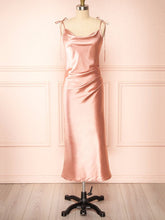 Silk-like Satin Tea-length Ruffles Bridesmaid Dress in Sheath/Column Cowl Neck