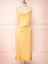Silk-like Satin Sheath/Column Cowl Neck Tea-length Split Front Bridesmaid Dresses