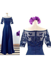 Elegant Royal Blue Off-the-Shoulder Chiffon Tulle Applique Lace Short Sleeve Mother of the Bride Dress