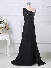 Split Front One Shoulder Black Chiffon Tulle Mother of the Bride Dress with Appliques Sweep Train