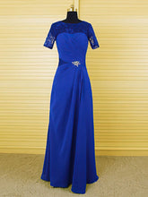 Royal Blue Chiffon Lace Crystal Ruffles Short Sleeve Scoop Neck Mother of the Bride Dress