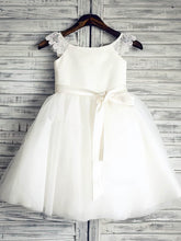 Scoop Neck Lace Satin Tulle Ball Gown with Sashes/Ribbons and Flowers for Girls