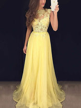 A-Line Sweep Train Chiffon Prom Dress with Lace Appliques