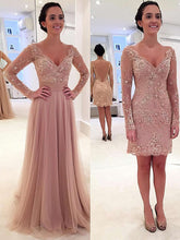 A-line V-neck Tulle Prom Dress with Detachable Appliques and Lace
