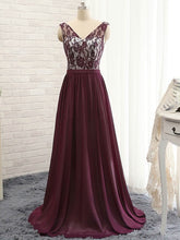 A-line V-neck Chiffon Lace Prom Dresses with Sweep Train