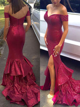 Sequined Tiered Sheath/Column Prom Dress with Off-the-shoulder Sweep Train
