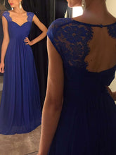 A-Line V-Neck Lace Chiffon Prom Dress with Ruffles and Sweep Train
