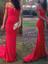 Silk-like Satin Ruffles Prom Dress with Sheath/Column Off-the-shoulder Sweep Train