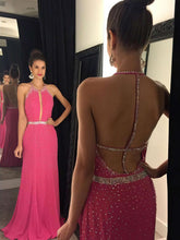 Sheath/Column Scoop Neck Chiffon Sweep Train Beading Prom Dress